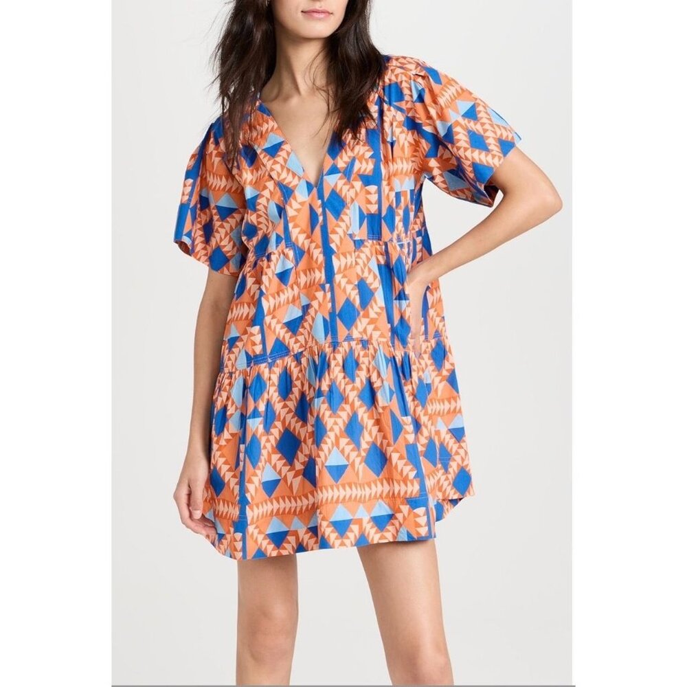New‎ Marea Womens Grecian Poplin Dress Short Sleeve Orange Blue Size Medium Boho